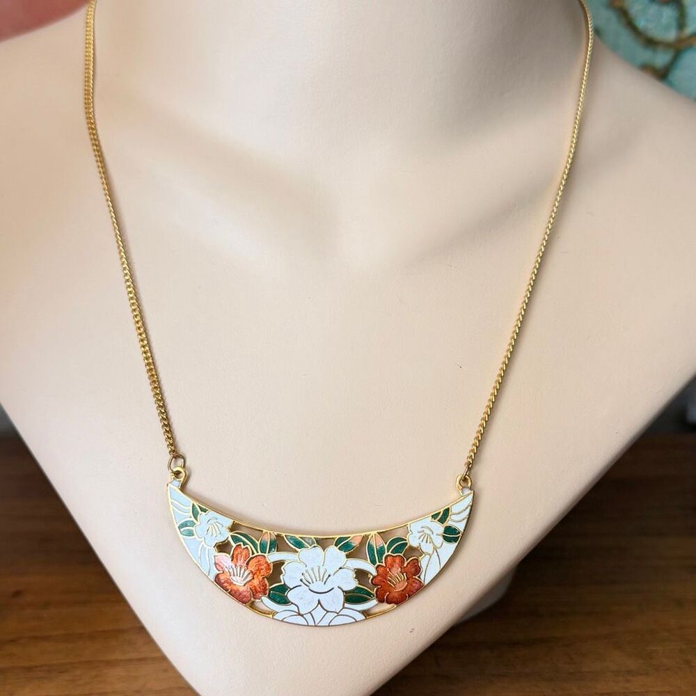 Vintage Cloisonné Floral Enamel Crescent Necklace
